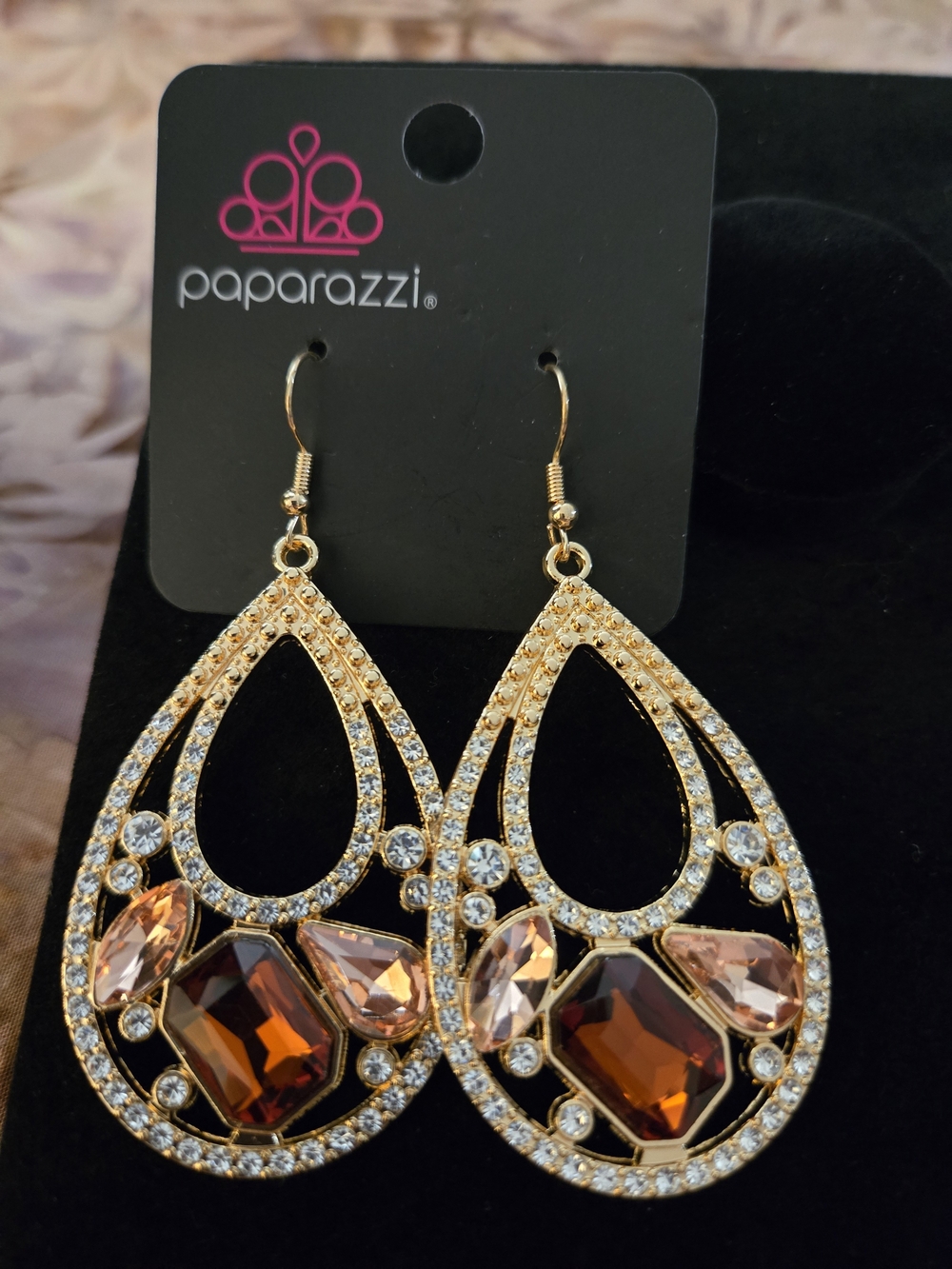 paparazzi Gold Teardrop Earrings with Amber and Blush Stones